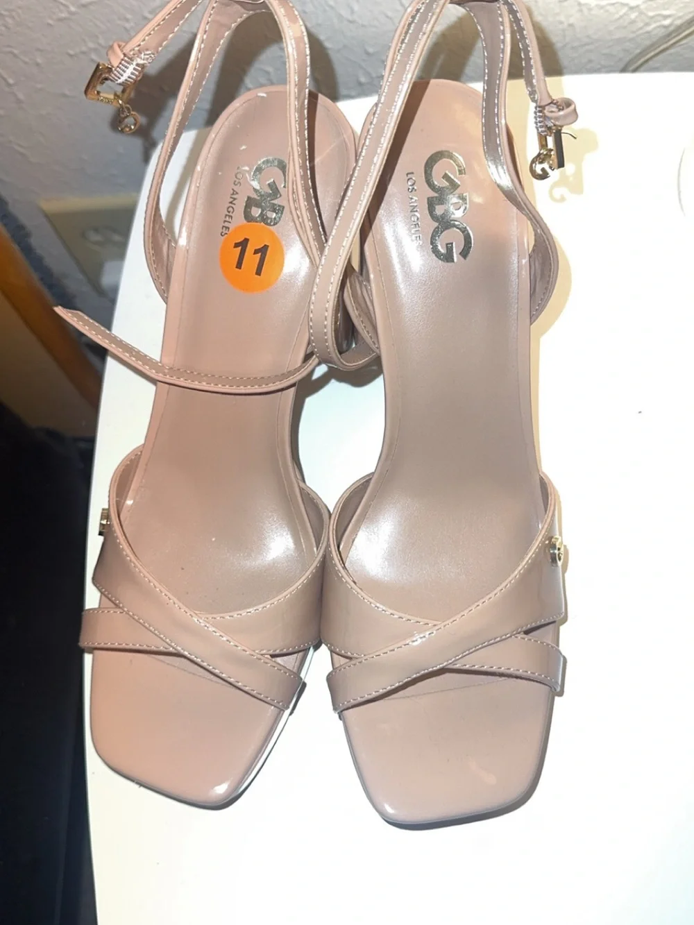 G by Guess Patent Nude Platform Block Heel Sandals